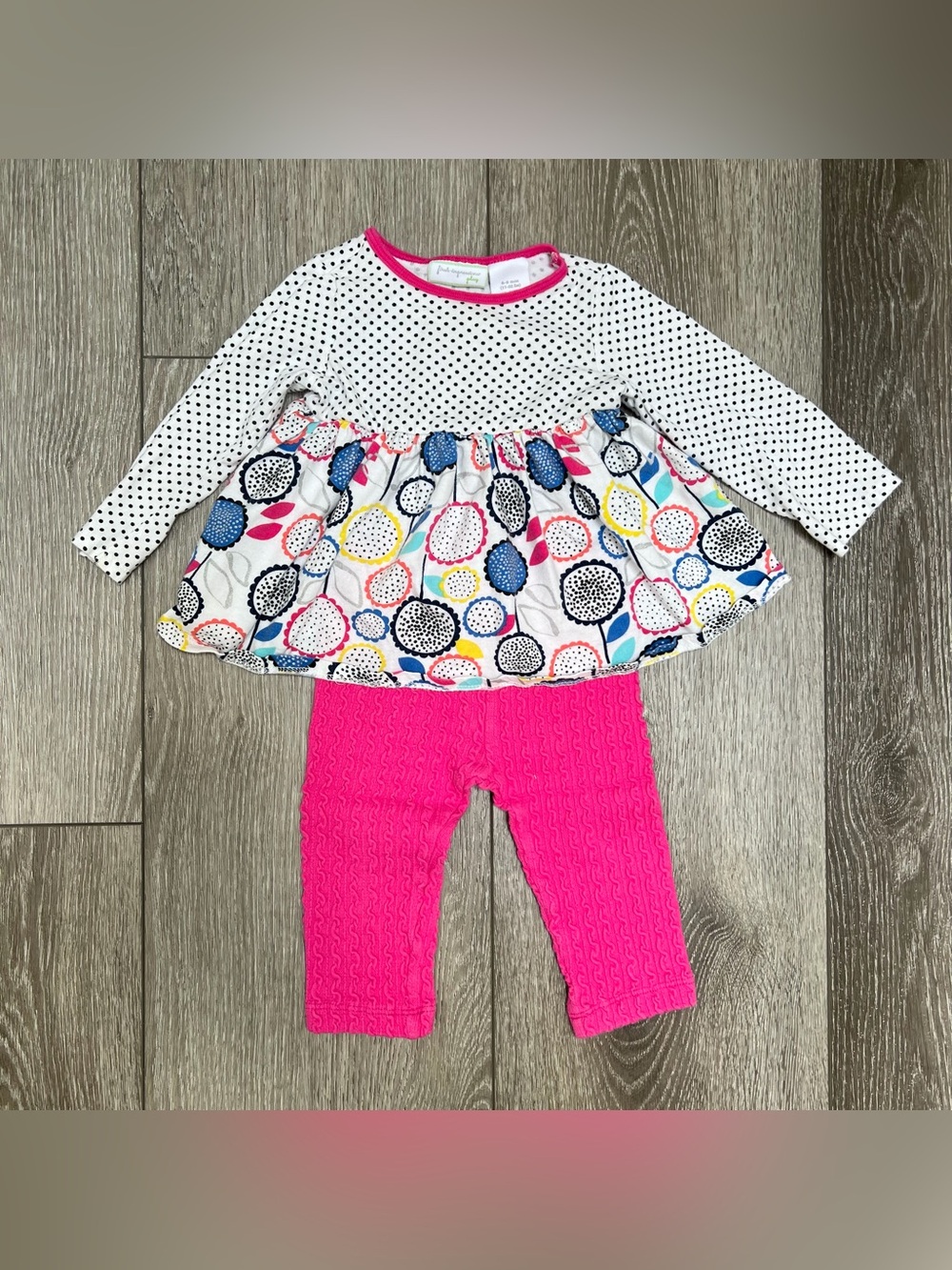 FIRST IMPRESSIONS 2PC LONG SLEEVE TOP AND RIBBED LEGGINGS OUTFIT PINK DOTS 6-9MO